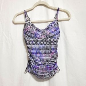Prana Side Ruched Tankini Top Purple Gray Geo Print XS